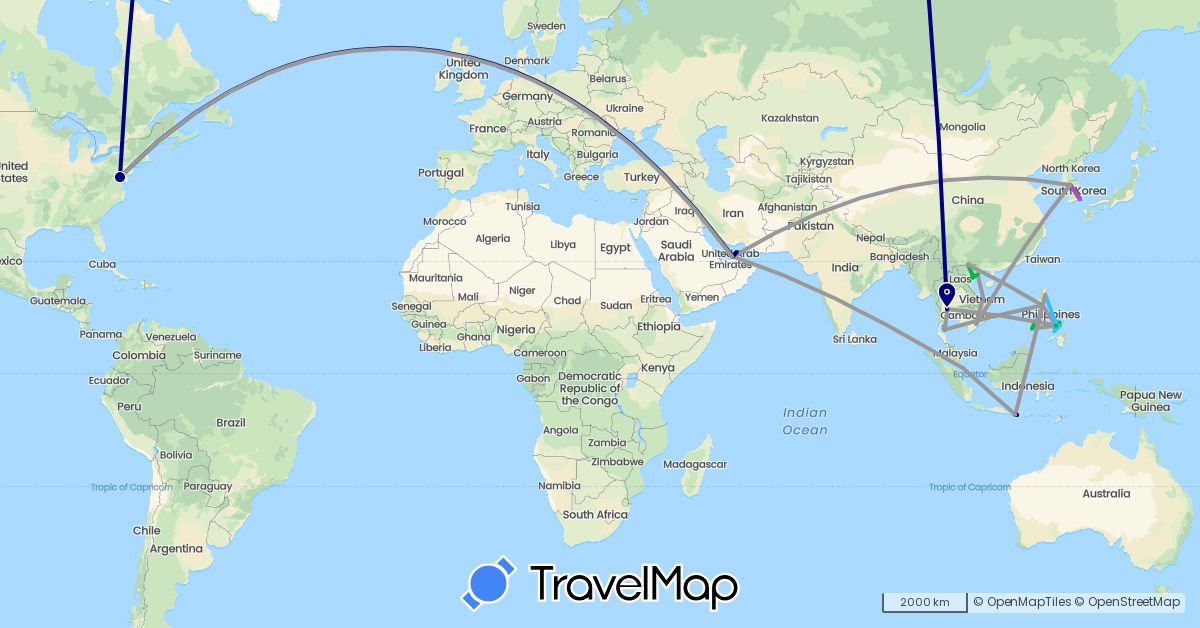 TravelMap itinerary: driving, bus, plane, train, boat in United Arab Emirates, Indonesia, South Korea, Philippines, Singapore, Thailand, United States, Vietnam (Asia, North America)
